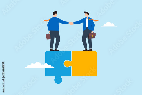 Flat illustration of businessmen finish deal with handshake on connected jigsaw puzzle