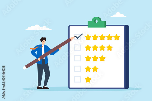 Flat illustration of businessman use pencil to give five star evaluation in feedback survey