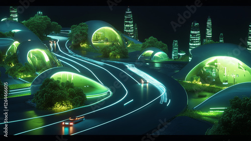 Future night city with flying cars and futuristic neon glowing glass buildings of unusual shapes, green plants, automobile drive road. Alien urban architecture skyscrapers, Cartoon vector illustration photo