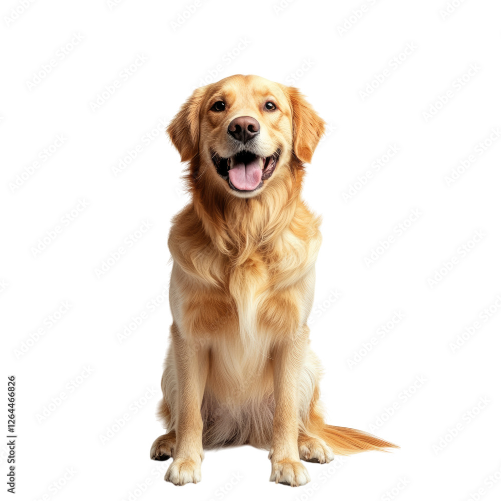 A golden retriever sitting, with a happy expression, full-body shot, against a white background transparent, alpha background png A golden retriever sitting, with a happy expression, full-body shot, against a white background transparent, alpha background png