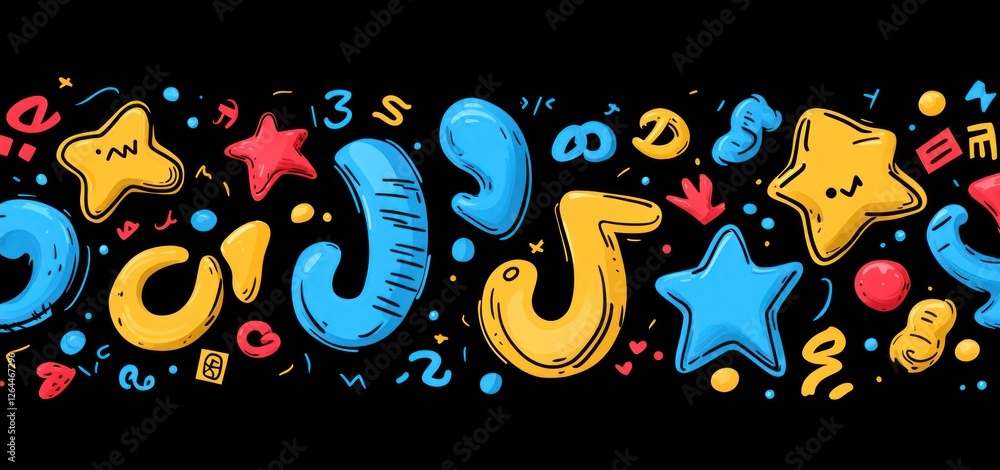 Fototapeta premium Colorful Abstract Doodle Art: A Vibrant and Playful Design Featuring Stars, Shapes, and Quirky Elements