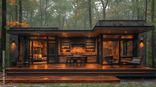 Modern cabin in forest, evening light, peaceful retreat, potential for relaxation photo