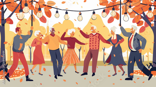 A joyful group of senior citizens ballroom dancing in a park, their faces glowing with happiness, celebrating life and movement in the open air