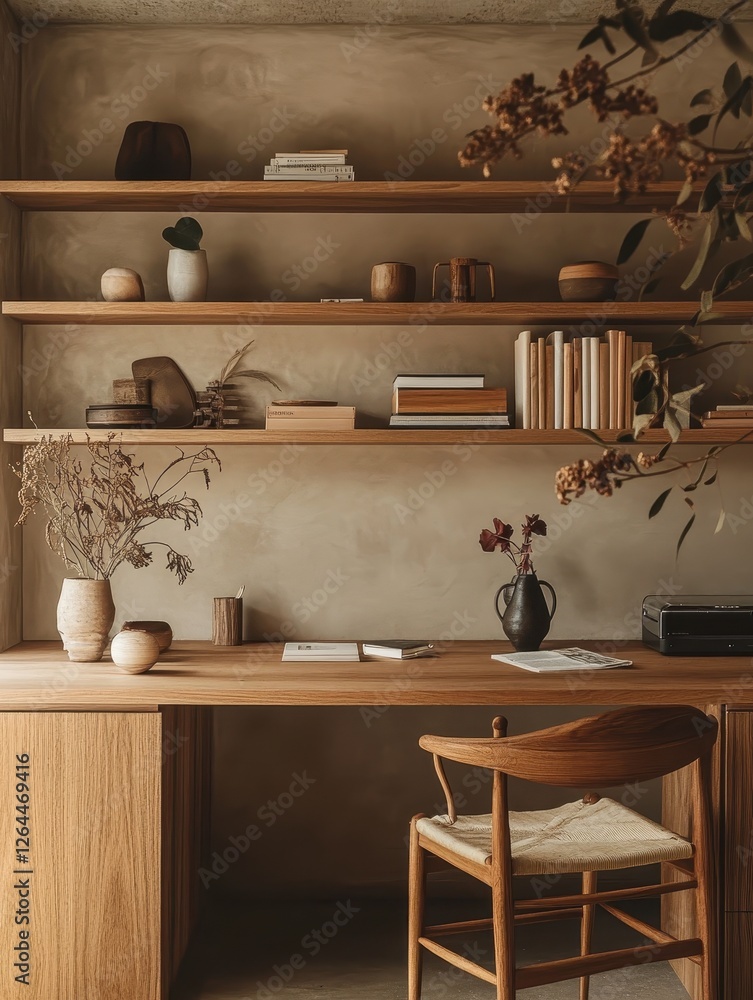 Warm and inviting wooden desk space with shelving decor Warm and inviting wooden desk space with shelving decor