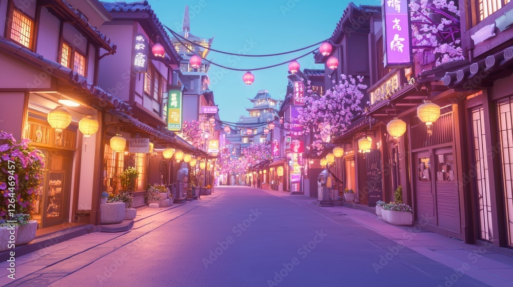 Obraz premium Lively Dusk Scene on a Thoroughfare with Lanterns and Blossoms