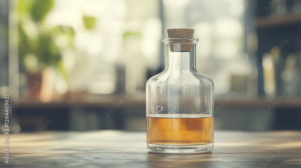 Amber Elixir: A half-full bottle of amber liquid with a cork stopper sits on a rustic wooden surface, bathed in soft, diffused light. The background is softly blurred, suggesting a relaxed. Amber Elixir: A half-full bottle of amber liquid with a cork stopper sits on a rustic wooden surface, bathed in soft, diffused light. The background is softly blurred, suggesting a relaxed.