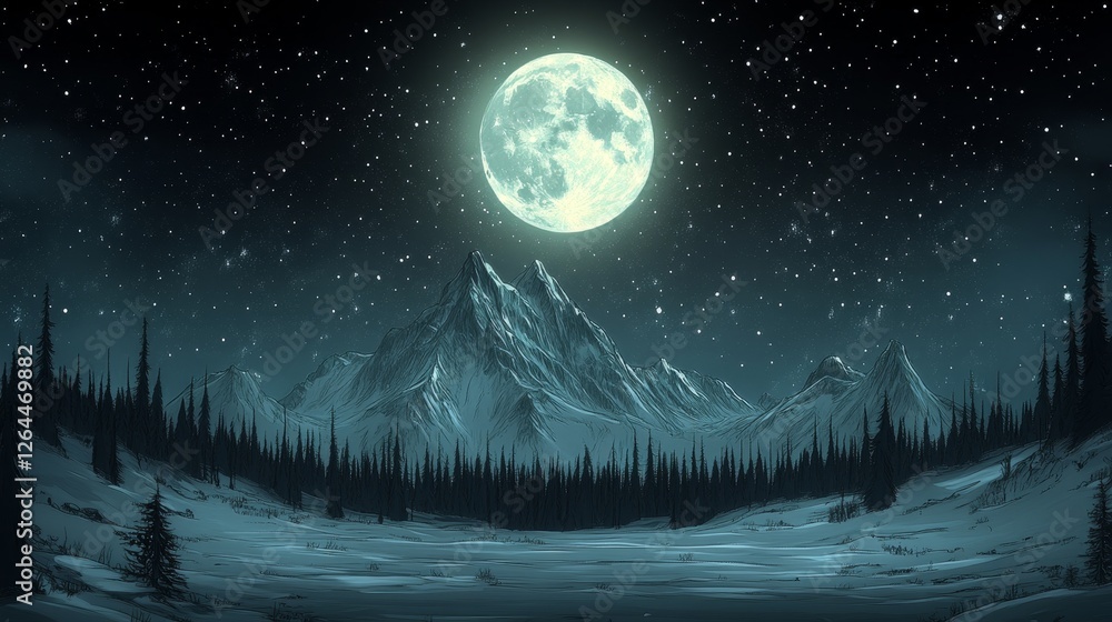 Naklejka premium Enchanted Winter Night: Full Moon Over Snowy Mountains and Starry Sky