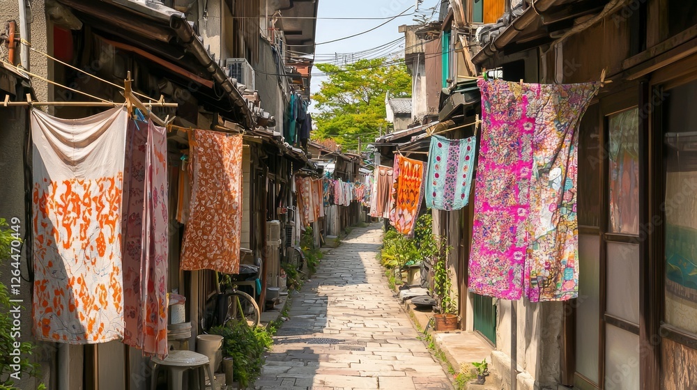 Obraz premium Colorful Fabrics Hanging in Narrow Passageway Between Buildings