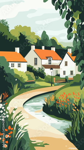 Charming Bibury Village England Scenic River House View Minimalist Vector Art Poster