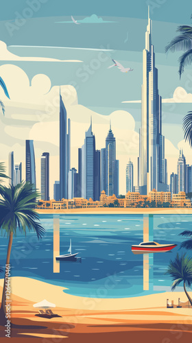 Retro Dubai Cityscape with Iconic Skyline and Beach in Minimalist Vintage Style