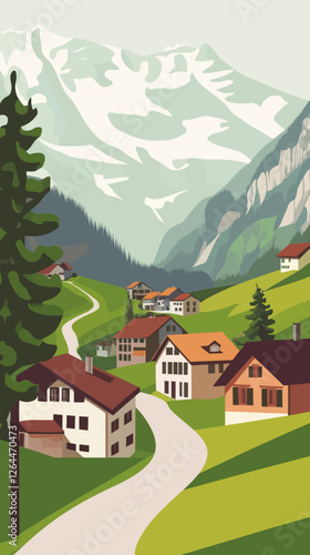 Summer Landscape of Wengen Village in Swiss Alps, Minimalist Vector Art Poster