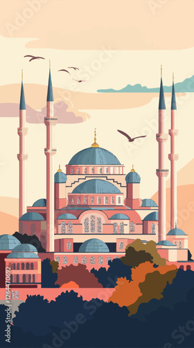 Retro Istanbul Travel Poster Featuring Blue Mosque and Exotic Elements
