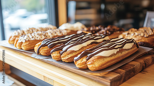 Delectable Dessert Display of Cream Filled Chocolate Eclairs Pastries On Wooden Counter Top photo