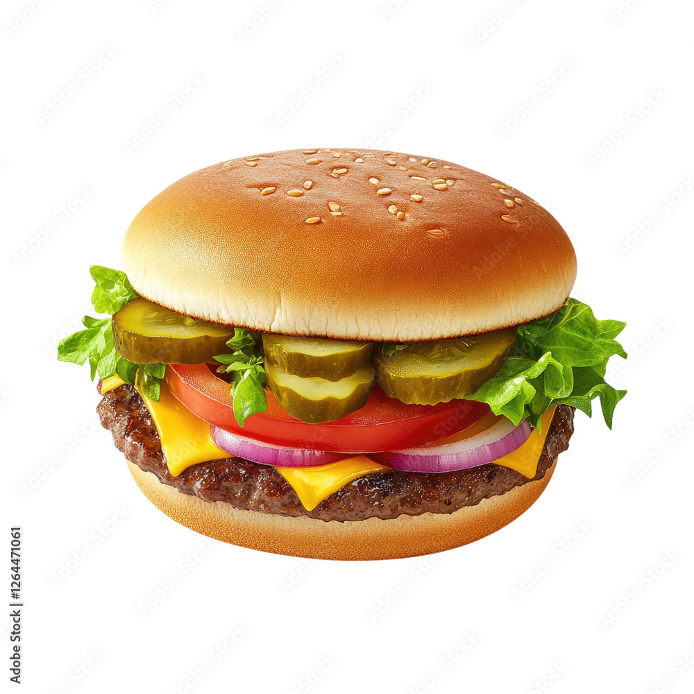 A highly detailed and realistic photograph of an American cheeseburger with lettuce, tomato, pickles, and red onion on a white background, transparent, alpha background png A highly detailed and realistic photograph of an American cheeseburger with lettuce, tomato, pickles, and red onion on a white background, transparent, alpha background png