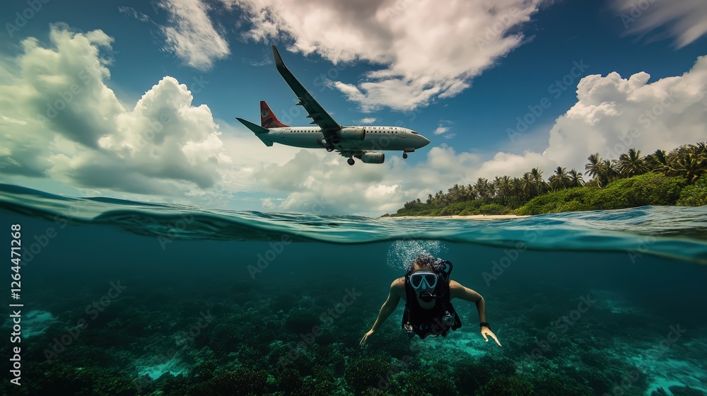Fototapeta premium underwater view of an island with airplane flying above