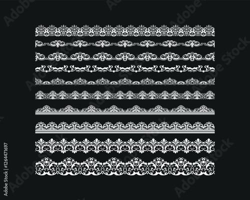 Scallop edge lace borders and dividers for frames or frill ribbons, vector ornament. Scallop pattern laces and vintage floral border silhouette for ornate lacework. Decorative seamless ornament border
