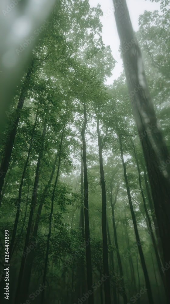 Misty forest view with tall trees reaching towards the sky. Misty forest view with tall trees reaching towards the sky.