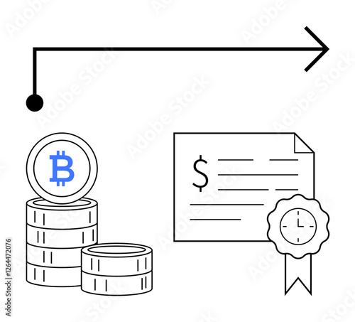 Bitcoin coins stacked next to a dollar certificate with a ribbon seal, intersected by a timeline arrow. Ideal for blockchain, financial growth, investments, digital currency, savings, future