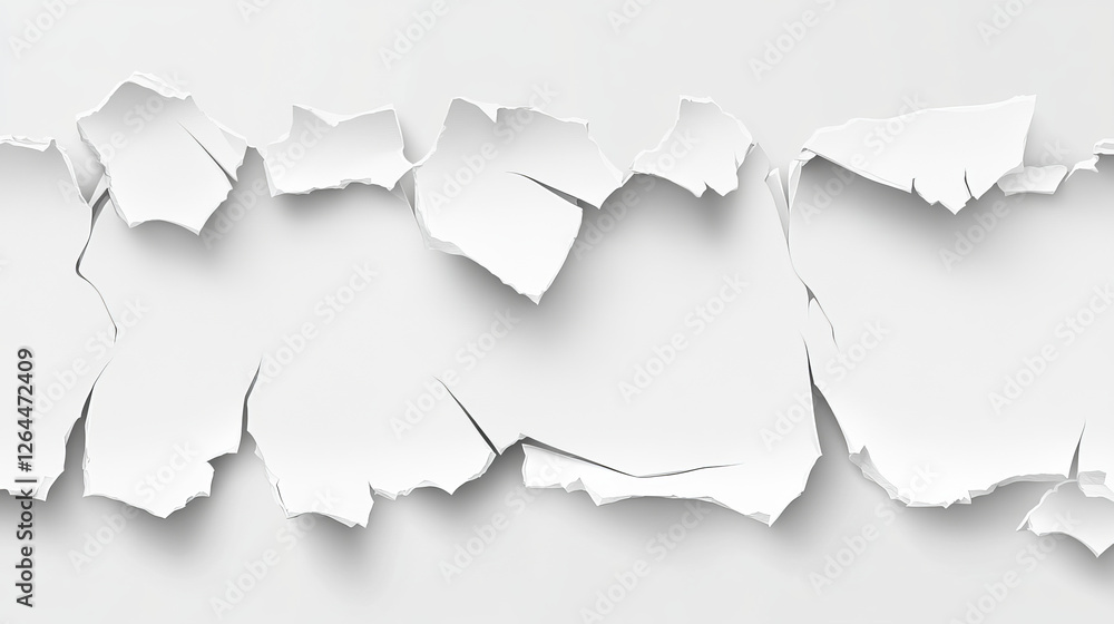 Fototapeta premium Realistic set of ripped white paper sheets png isolated on transparent background. Vector illustration of torn blank pages with uneven texture edges. Damaged letter, document mockup, newspaper cutout