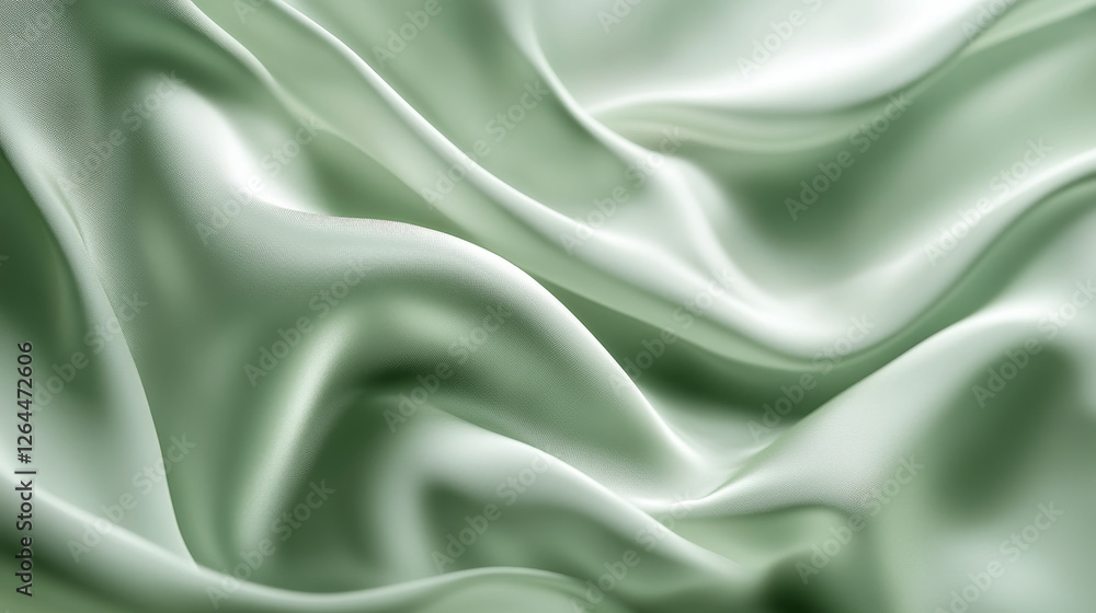 Obraz premium Green drapery silk fabric luxury background. Wavy abstract satin cloth vector texture pattern. Smooth shiny drape material curtain. Elegant velvet curve motion image realistic horizontal design.