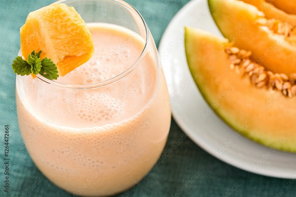 Healthy cantaloupe smoothie in a glass with fresh cantaloupe Healthy cantaloupe smoothie in a glass with fresh cantaloupe