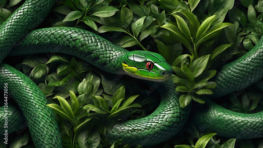 Fototapeta premium Fantustic Stunning 3D Realistic Green Snake in Lush Jungle – High-Detail Illustration