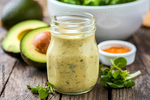 Homemade avocado ranch dressing in a small jar with fresh greens