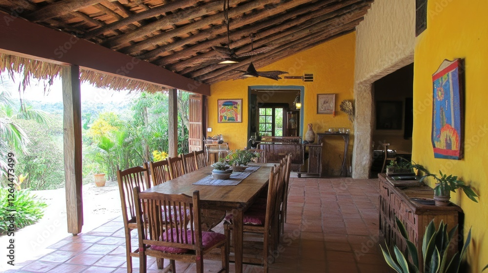 Obraz premium Comfortable dining area with wide tables and ample space for guests