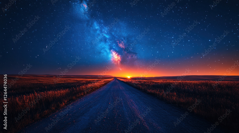 Naklejka premium Starry night sky over a vast prairie, with the Milky Way stretching across the horizon
