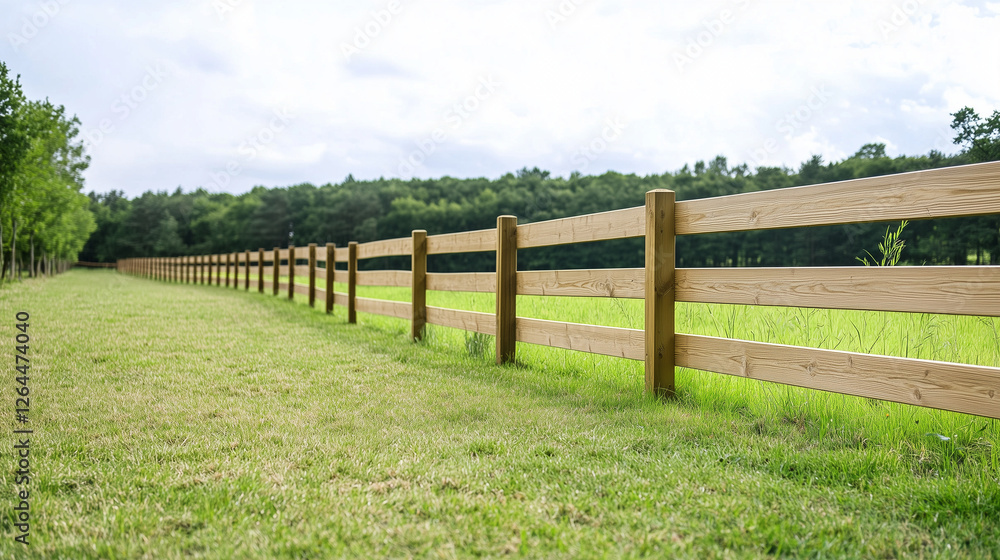 Wooden Fence: A rustic wooden fence stretches across a verdant field, its sturdy posts and rails creating a boundary against a backdrop of rolling green hills and a clear blue sky.
