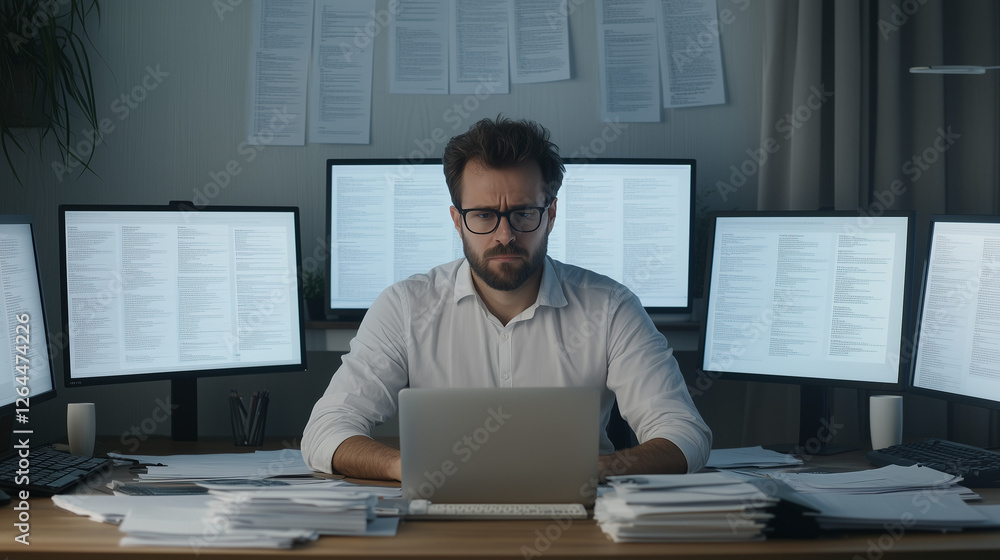 The Multitasking Maestro: A focused man in glasses, surrounded by multiple computer screens, works diligently on his laptop amidst a sea of paper documents. The Multitasking Maestro: A focused man in glasses, surrounded by multiple computer screens, works diligently on his laptop amidst a sea of paper documents.