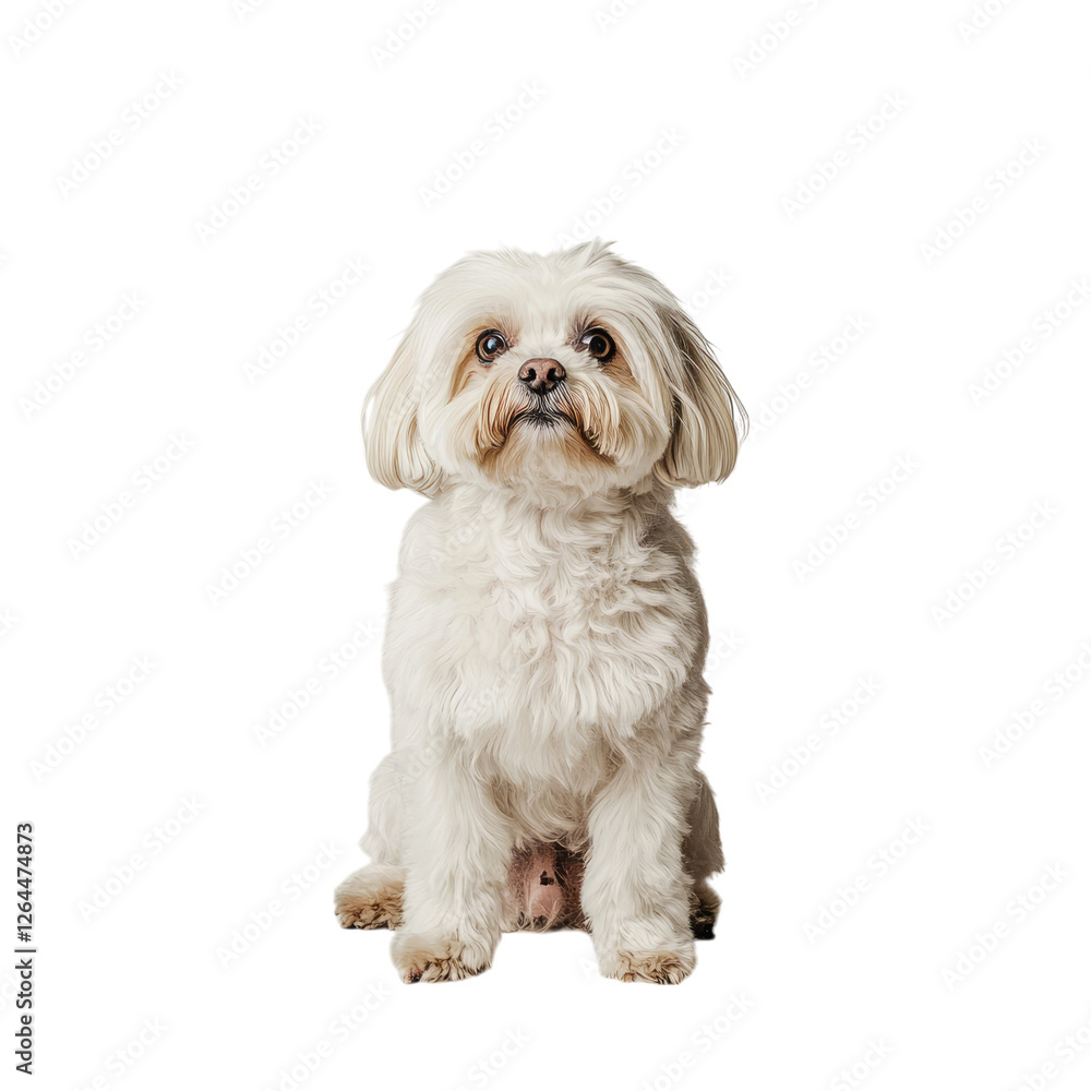 A Lhasa Apso dog is sitting down, against a white background, in a photorealistic transparent, alpha background png A Lhasa Apso dog is sitting down, against a white background, in a photorealistic transparent, alpha background png