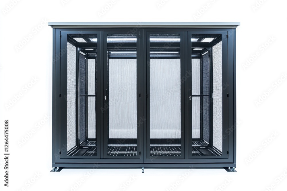 Black metal server rack with mesh doors. Ideal for showcasing secure data storage solutions. Black metal server rack with mesh doors. Ideal for showcasing secure data storage solutions.