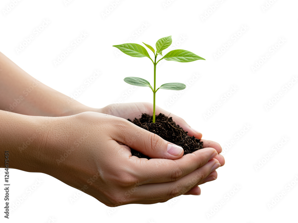 Close-up of two hands gently holding a small amount of dark soil with a young plant sprouting from it Close-up of two hands gently holding a small amount of dark soil with a young plant sprouting from it