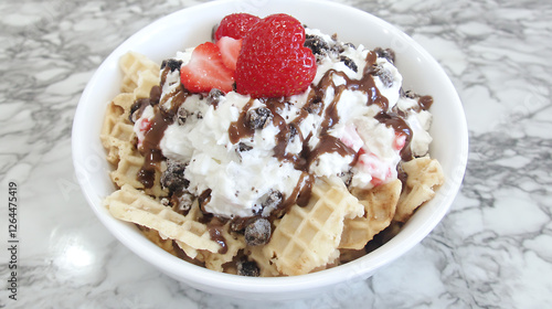 Delicious Dessert Delight Waffle Pieces Cream Chocolate Drizzle Strawberries Raspberries Sweet Treat Bowl photo