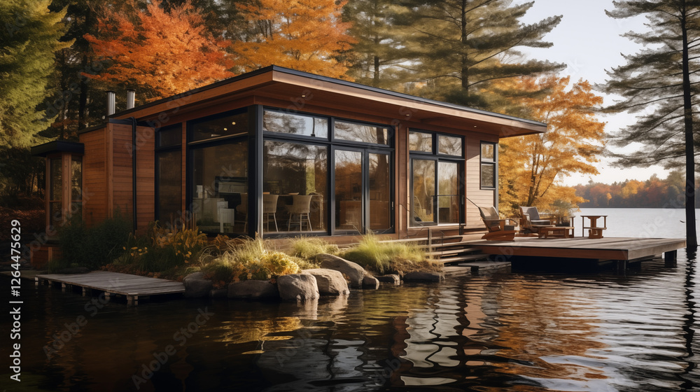 Charming wooden cabin with large windows and a deck overlooking a serene lake, surrounded by trees and greenery, capturing the essence of peaceful lakeside living. Charming wooden cabin with large windows and a deck overlooking a serene lake, surrounded by trees and greenery, capturing the essence of peaceful lakeside living.