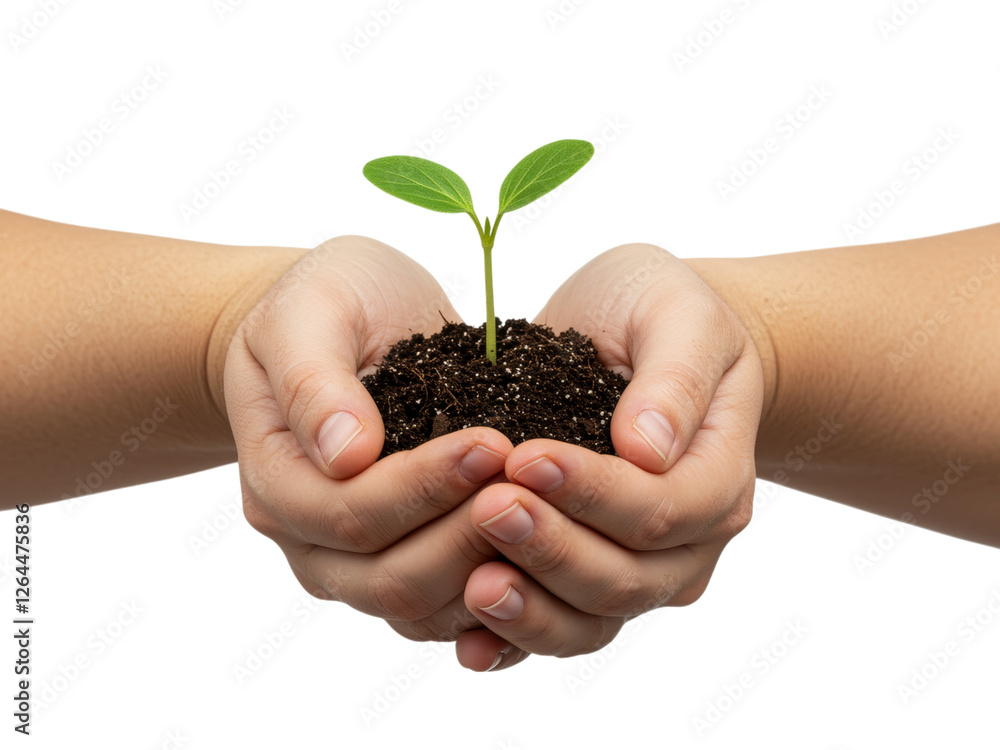 A close-up shot of a young plant seedling nestled in a small mound of soil held gently in cupped hands A close-up shot of a young plant seedling nestled in a small mound of soil held gently in cupped hands