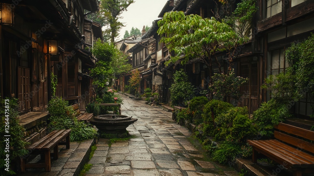 Fototapeta premium Peaceful Old Street Surrounded by Greenery and Historical Charm