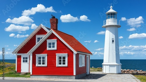 Wallpaper Mural Scenic Coastal Cottage Near Lighthouse Idyllic Seascape Summer Home Torontodigital.ca