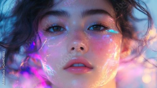 Close Up Portrait of a Young Woman with Glowing Glitter Makeup and Cosmic Effects