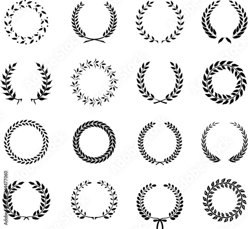 Collection of gold circular laurel wreaths for use as design elements in heraldry on an award certificate manuscript and to symbolise victory illustration in silhouette