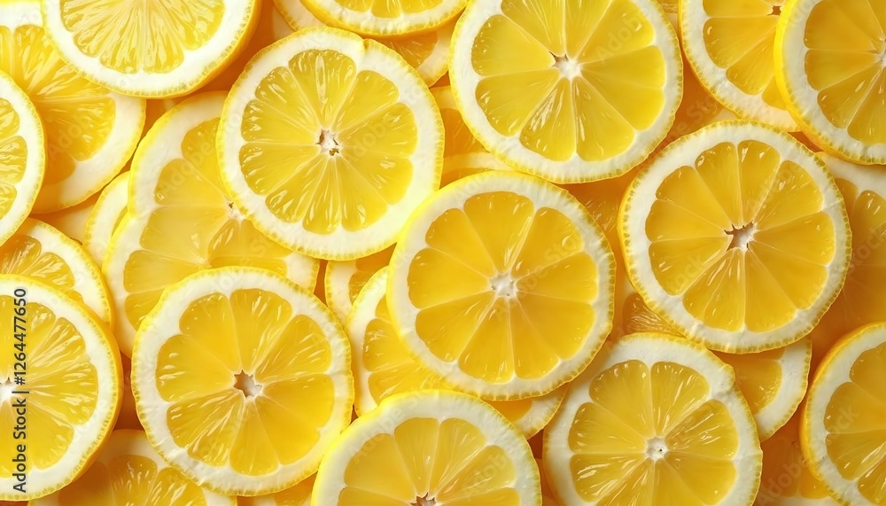 An intricate view of sliced lemons in a spring-themed arrangement, showcasing their juicy texture and lively yellow color An intricate view of sliced lemons in a spring-themed arrangement, showcasing their juicy texture and lively yellow color