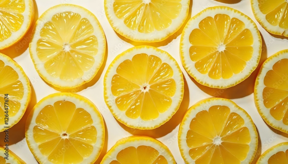 A detailed view of sliced lemons in a spring-inspired pattern, highlighting their juicy texture and vibrant yellow hue A detailed view of sliced lemons in a spring-inspired pattern, highlighting their juicy texture and vibrant yellow hue