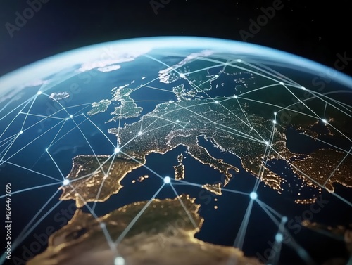 Stunning Earth View Showing Europe with Illuminated Cities and Network Connections in Dark Space

