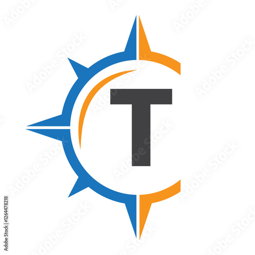 Initial Letter T Ship Logo Concept With Compass Symbol Vector Template