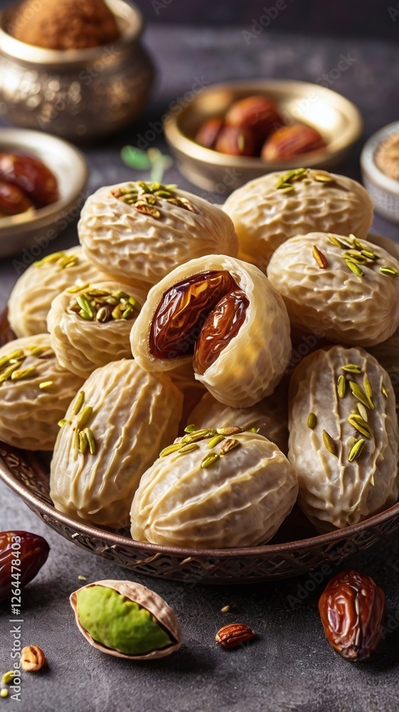 Arabic cuisine. Maamoul with dates, pistachio or walnuts . Traditional middle eastern sweets for celebration Eid Al- Fitr after Ramadan Arabic cuisine. Maamoul with dates, pistachio or walnuts . Traditional middle eastern sweets for celebration Eid Al- Fitr after Ramadan