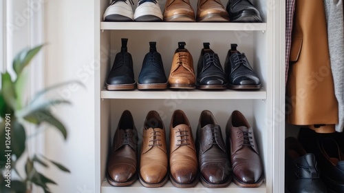 Wallpaper Mural A close-up of a compact shoe rack in a small apartment, filled with neatly arranged shoes, from casual sneakers to formal dress shoes, set against a clean white wall. Torontodigital.ca