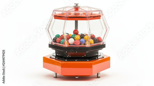 Lottery drums with raffle paper tickets, balls and empty lucky wheel side view. Plastic rotate tote of hexagon shape isolated on white background, transparent sweepstake. Realistic 3d vector sweep set