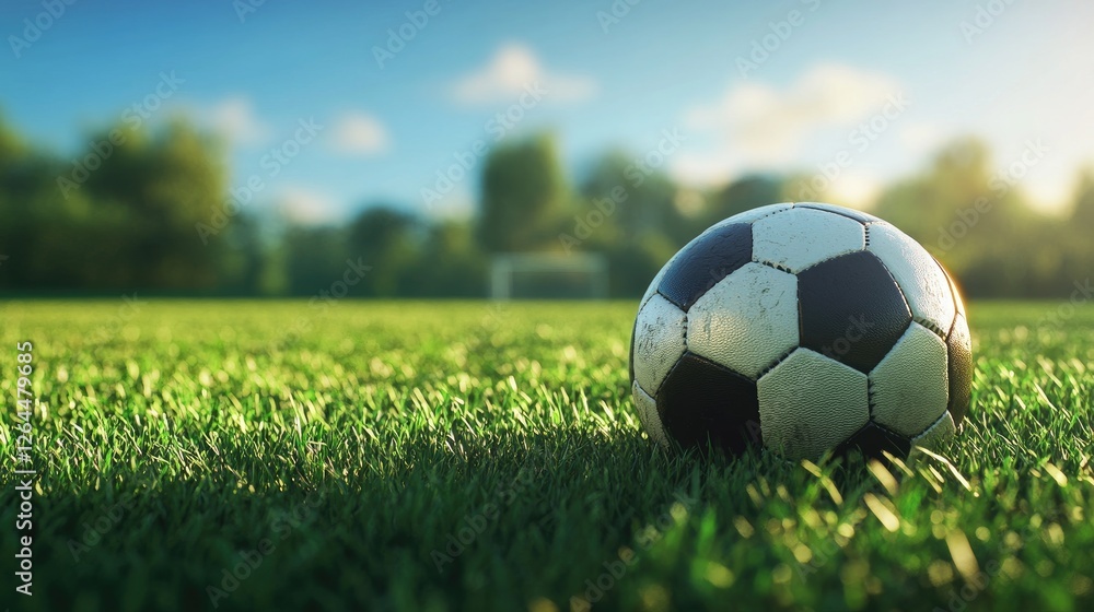 Fototapeta premium A close-up of a football resting on a grassy field, with detailed stitching and texture visible, ready for a game under a bright, sunny sky.