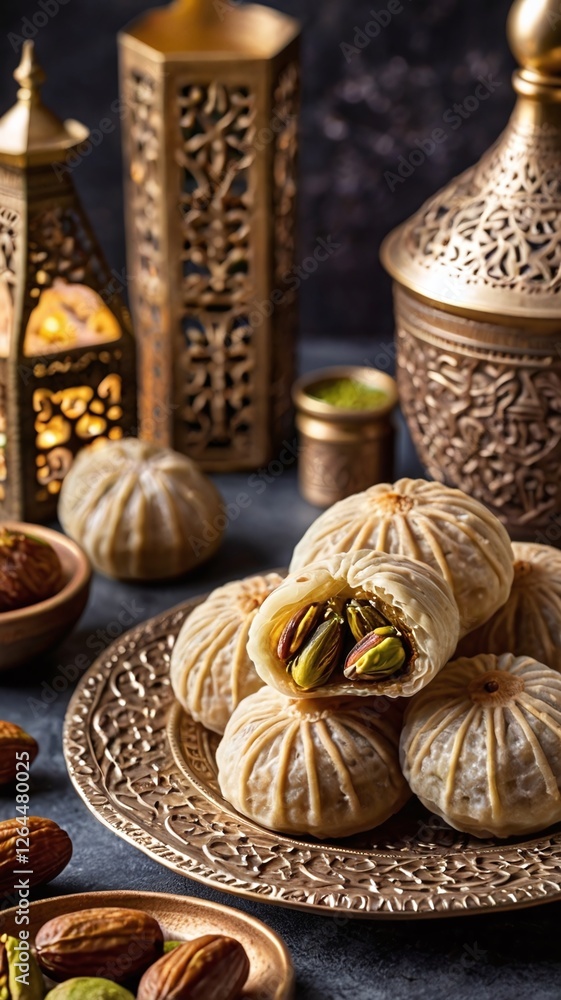 Arabic cuisine. Maamoul with dates, pistachio or walnuts . Traditional middle eastern sweets for celebration Eid Al- Fitr after Ramadan Arabic cuisine. Maamoul with dates, pistachio or walnuts . Traditional middle eastern sweets for celebration Eid Al- Fitr after Ramadan